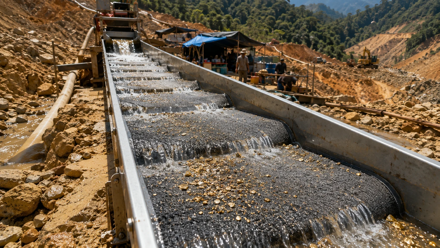 Reference scene of gold sluice carpet used in an alluvial mining wash channel
